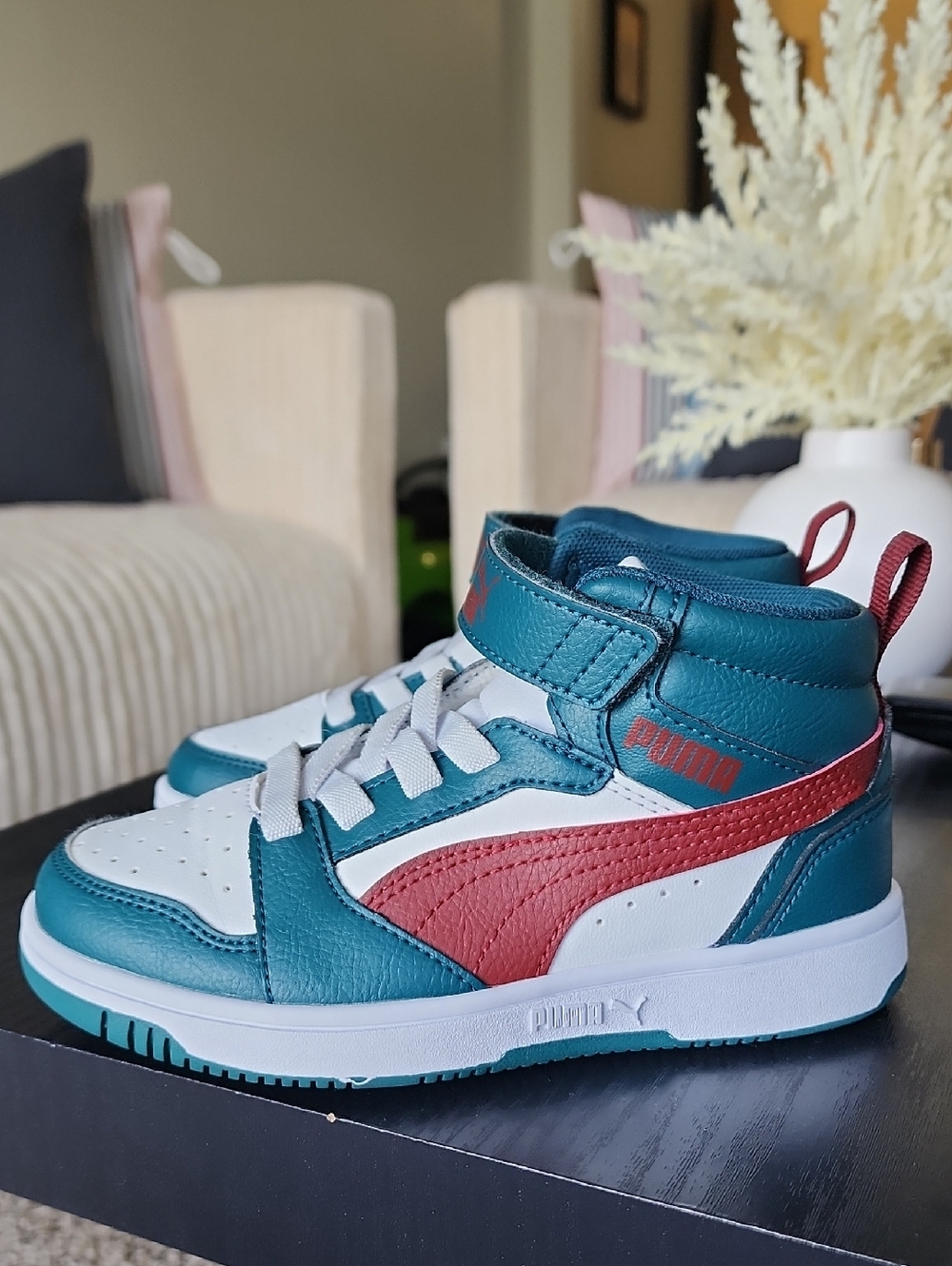 Puma Teal, White & Red Kids High-Top Sneakers